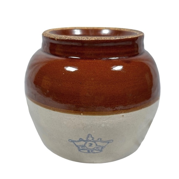 VINTAGE Robinson Ransbottom Crown 2-Toned Stoneware Bean Pot with Handle - Picture 1 of 8